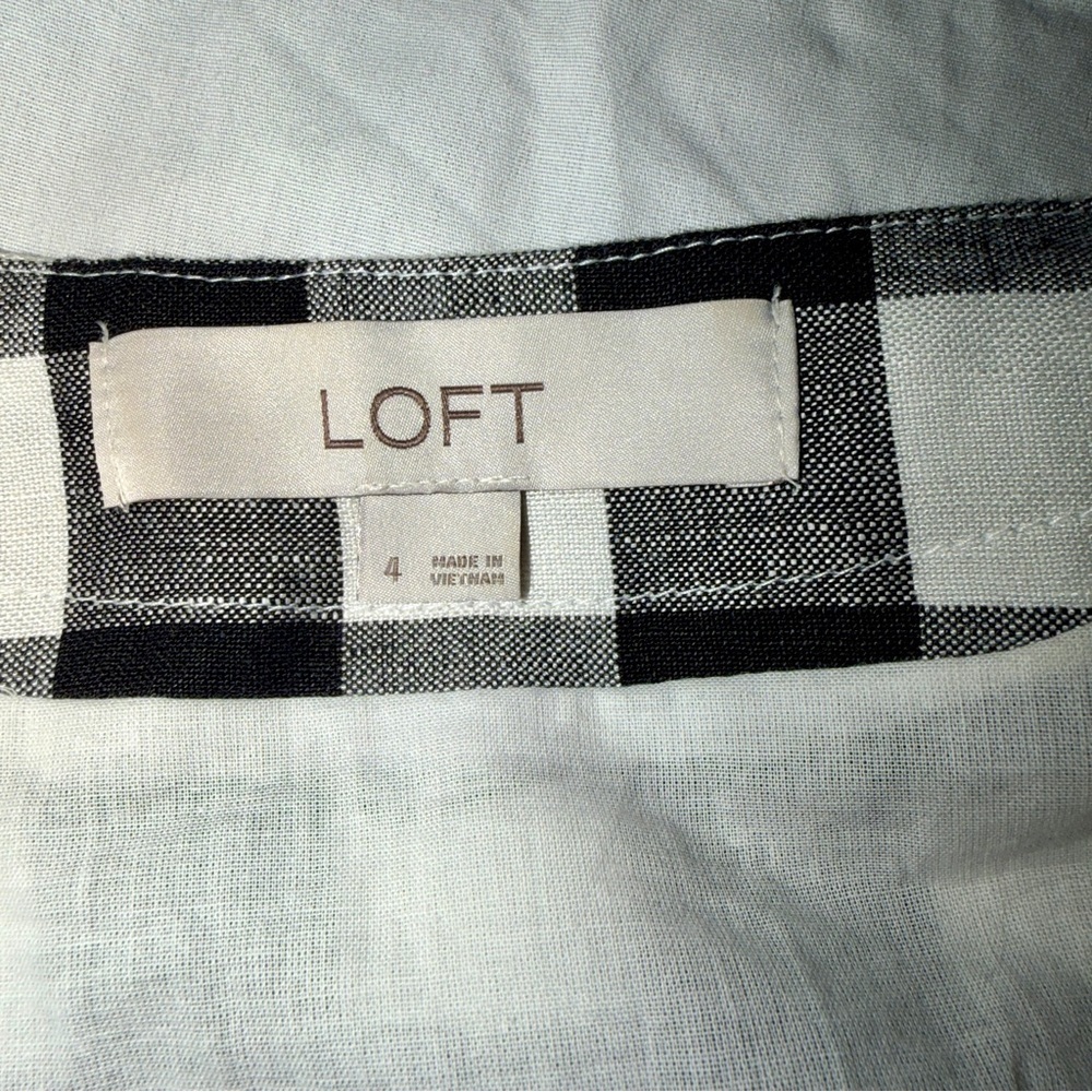 LOFT Black White Gingham Linen Blend Puff Sleeve Button Front Dress Size 4 - Picture 5 of 6